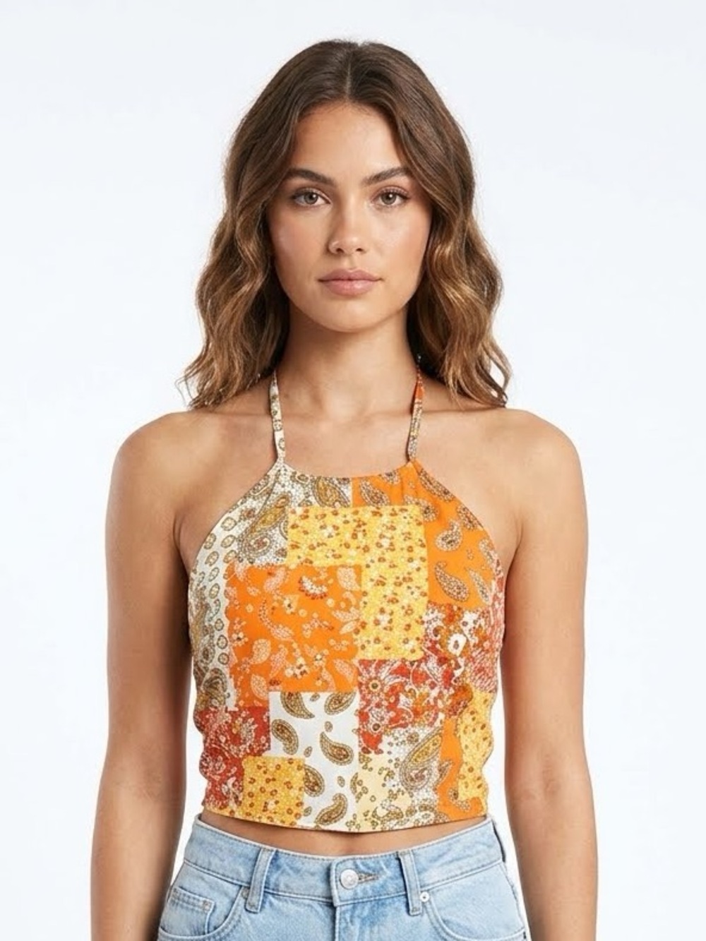 En Creme Patchwork Paisley Halter Crop Top in Orange and Yellow